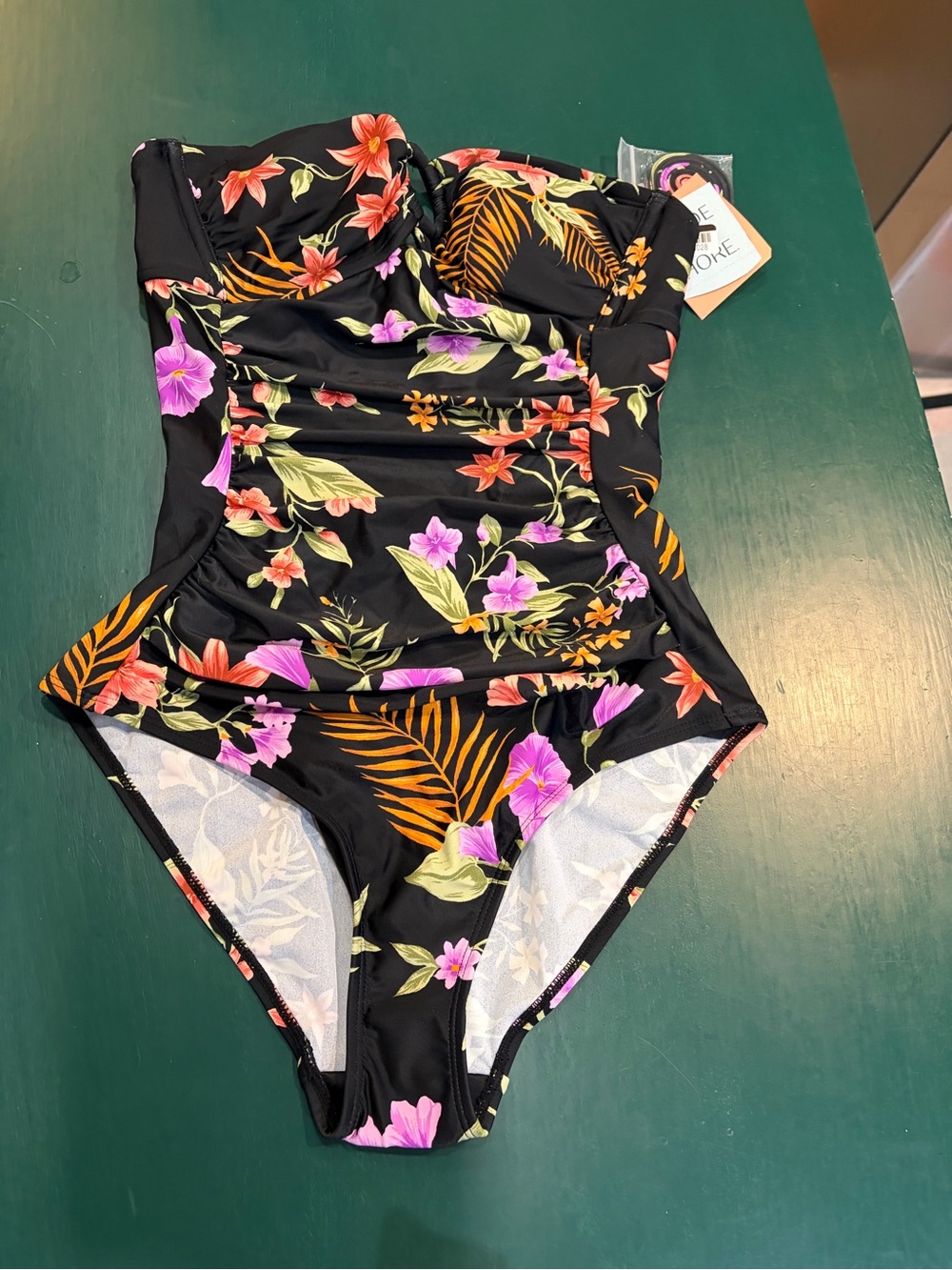Shade & Shore Black Floral Ruched One-Piece Swimsuit with Pink & Orange Accents